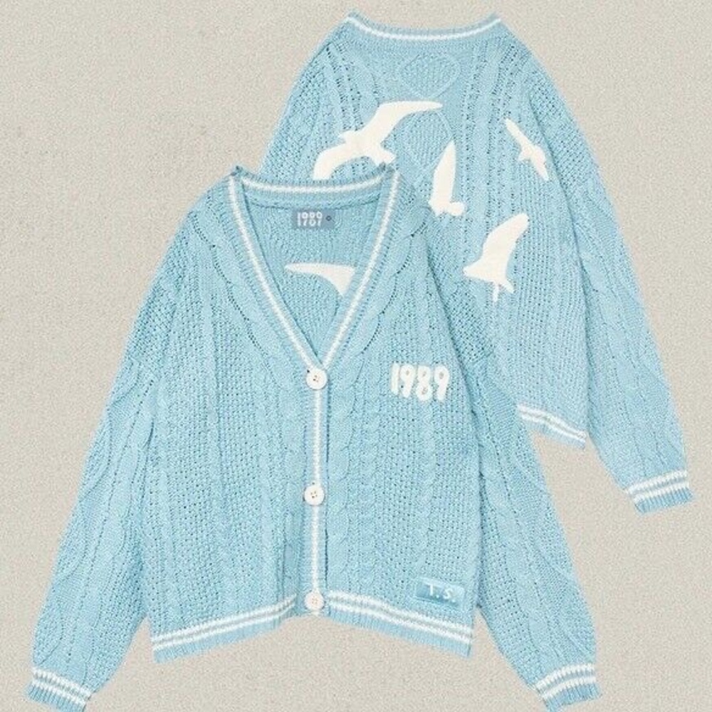Taylor Swift 1989 Blue Cable Knit Cardigan with White Bird Appliqués